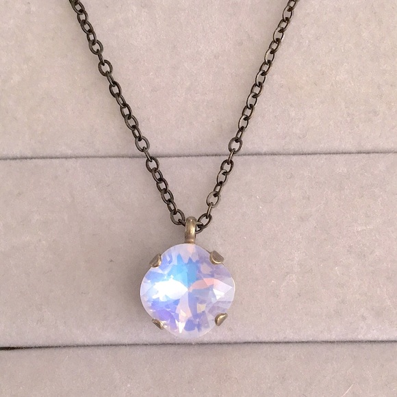 Jewelry - White Opal Aurora Borealis + Antique Brass Crystal Drop Pendant Necklace